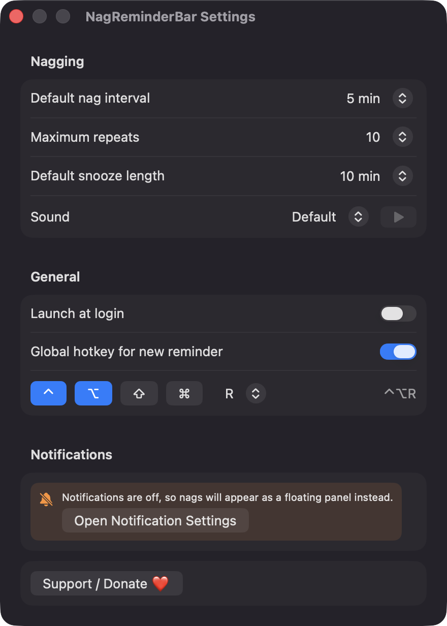 NagReminderBar Settings window