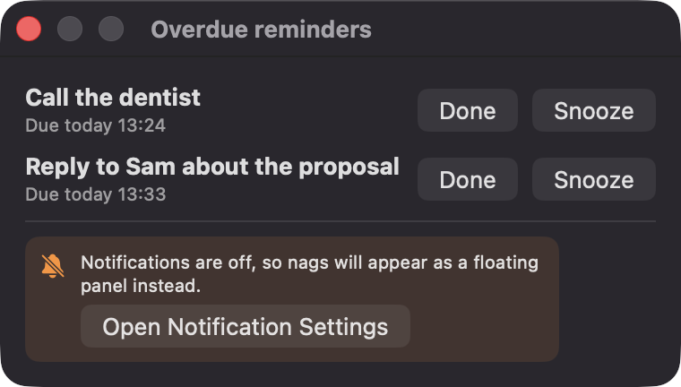 Floating overdue reminders panel with Done and Snooze buttons