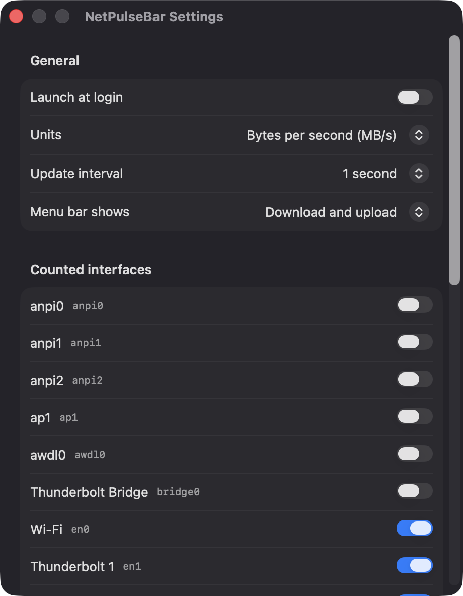 NetPulseBar Settings window, General and Counted interfaces sections