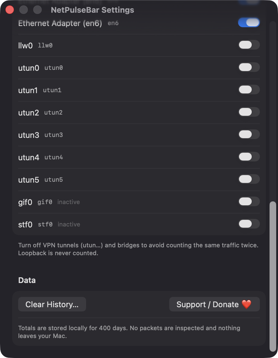 NetPulseBar Settings scrolled to interface list end and Data section