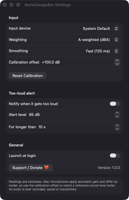 NoiseGaugeBar Settings window with Input, Too-loud alert and General sections