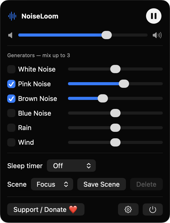 NoiseLoom menu bar panel with noise generators and controls