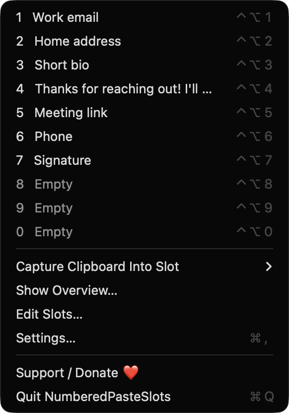 NumberedPasteSlots menu bar menu showing ten numbered slots