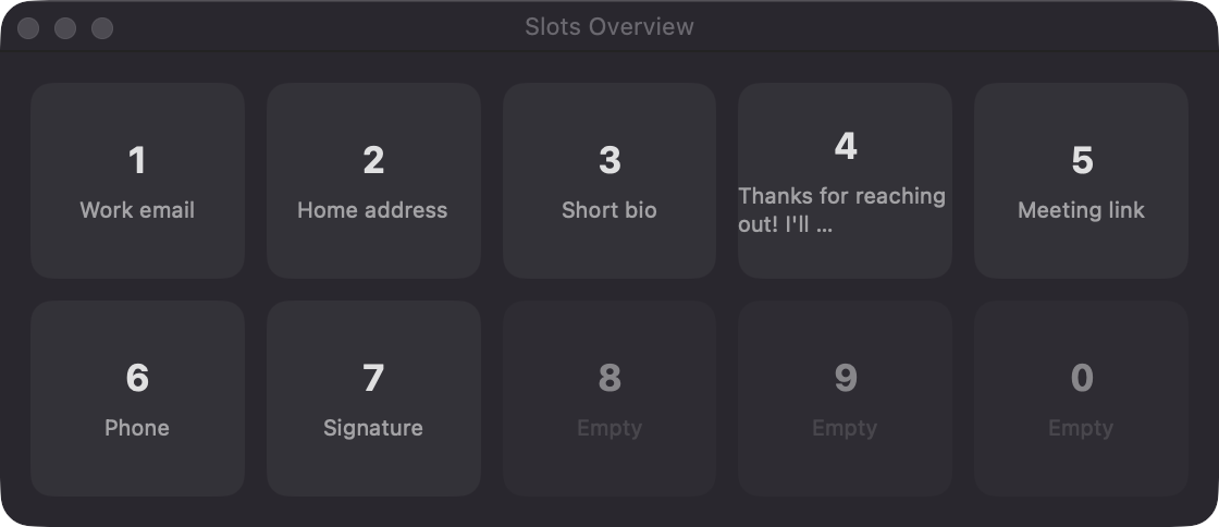 Slots Overview panel with a grid of ten numbered slots
