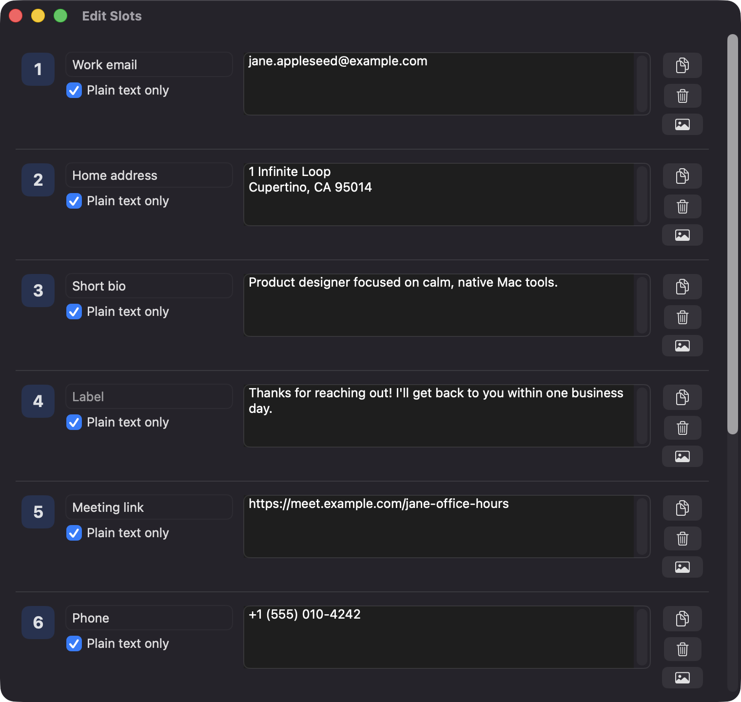Edit Slots window with labeled text slots