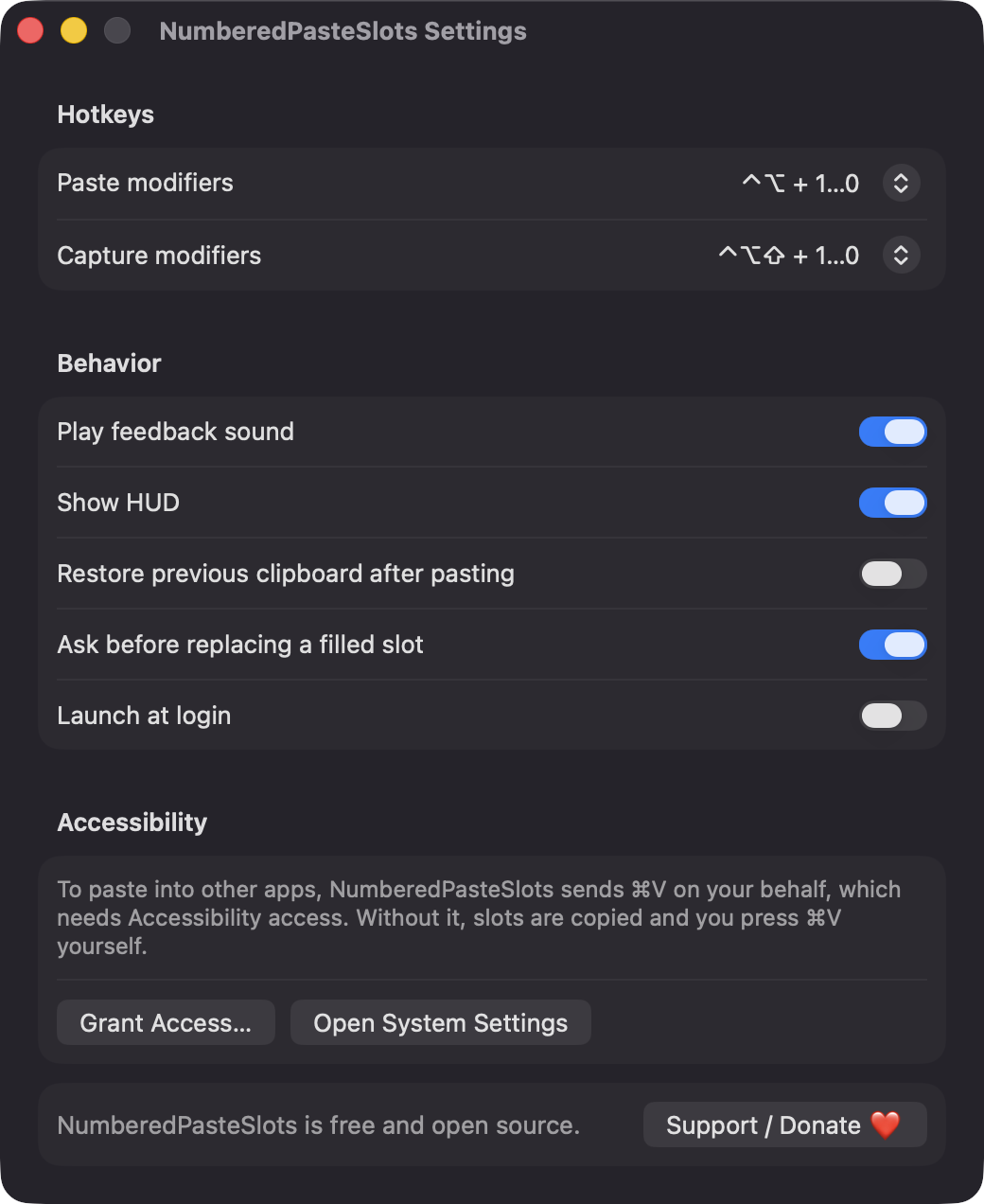 NumberedPasteSlots Settings window