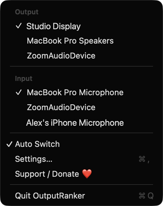 OutputRanker menu bar menu with output and input devices