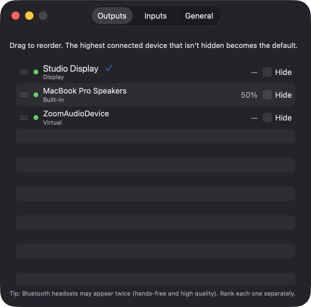 OutputRanker Settings, Outputs tab with the ranked device list