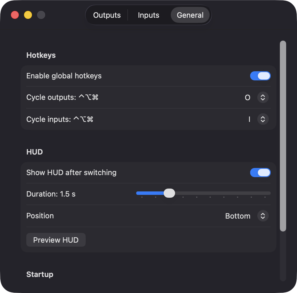 OutputRanker Settings, General tab with hotkey and HUD options