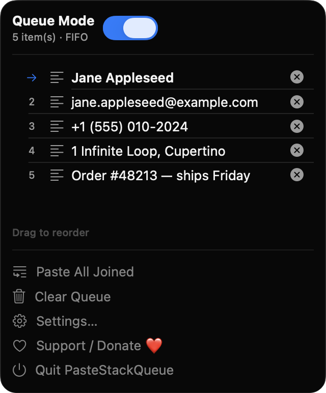 PasteStackQueue menu bar panel showing a queue of five copied items