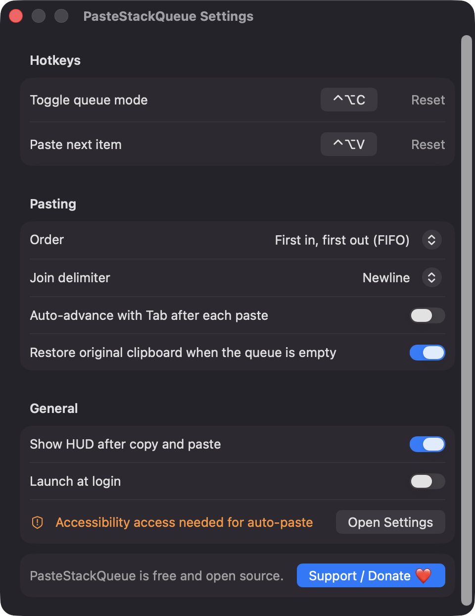 PasteStackQueue Settings window