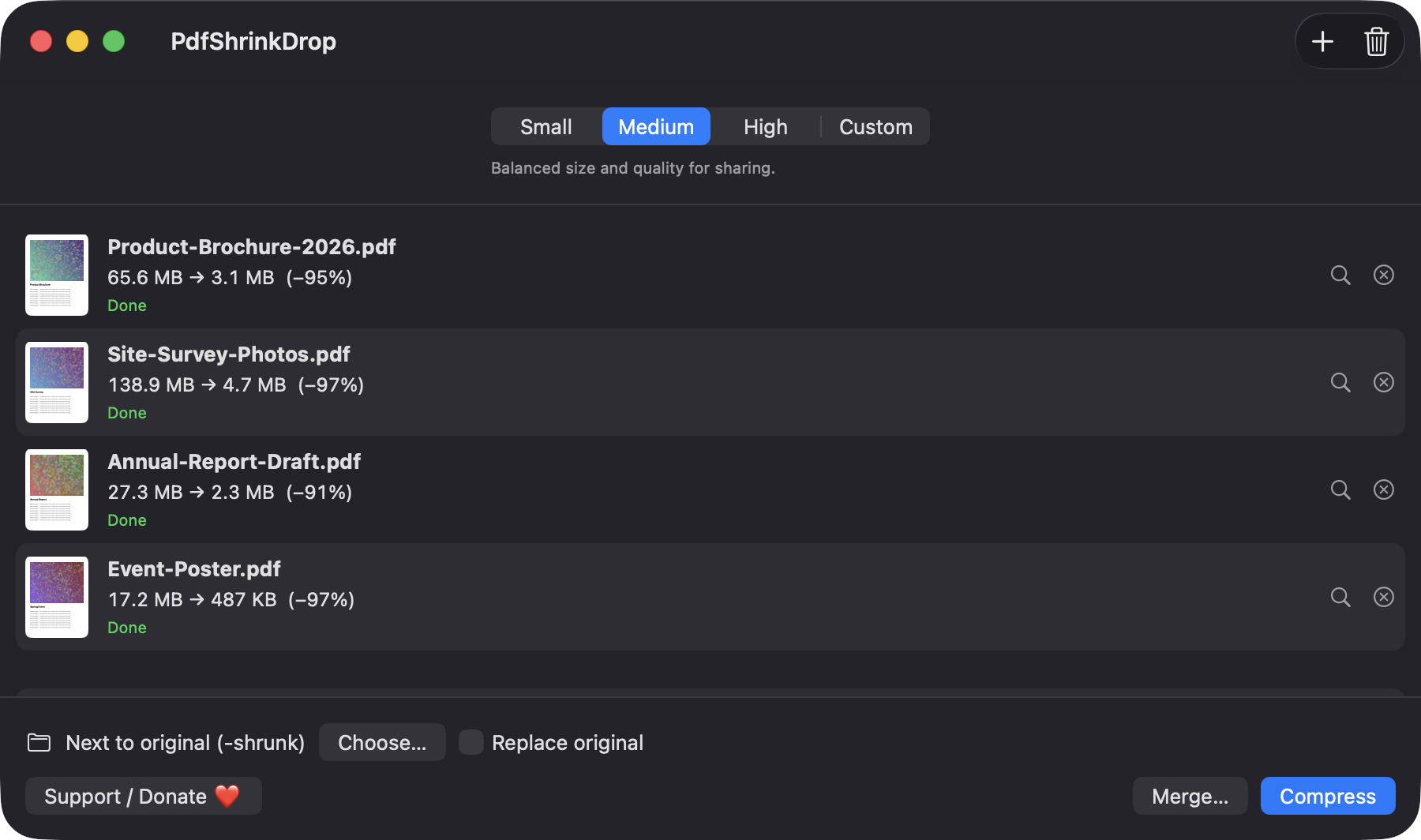 PdfShrinkDrop main window listing four compressed PDFs with before and after sizes