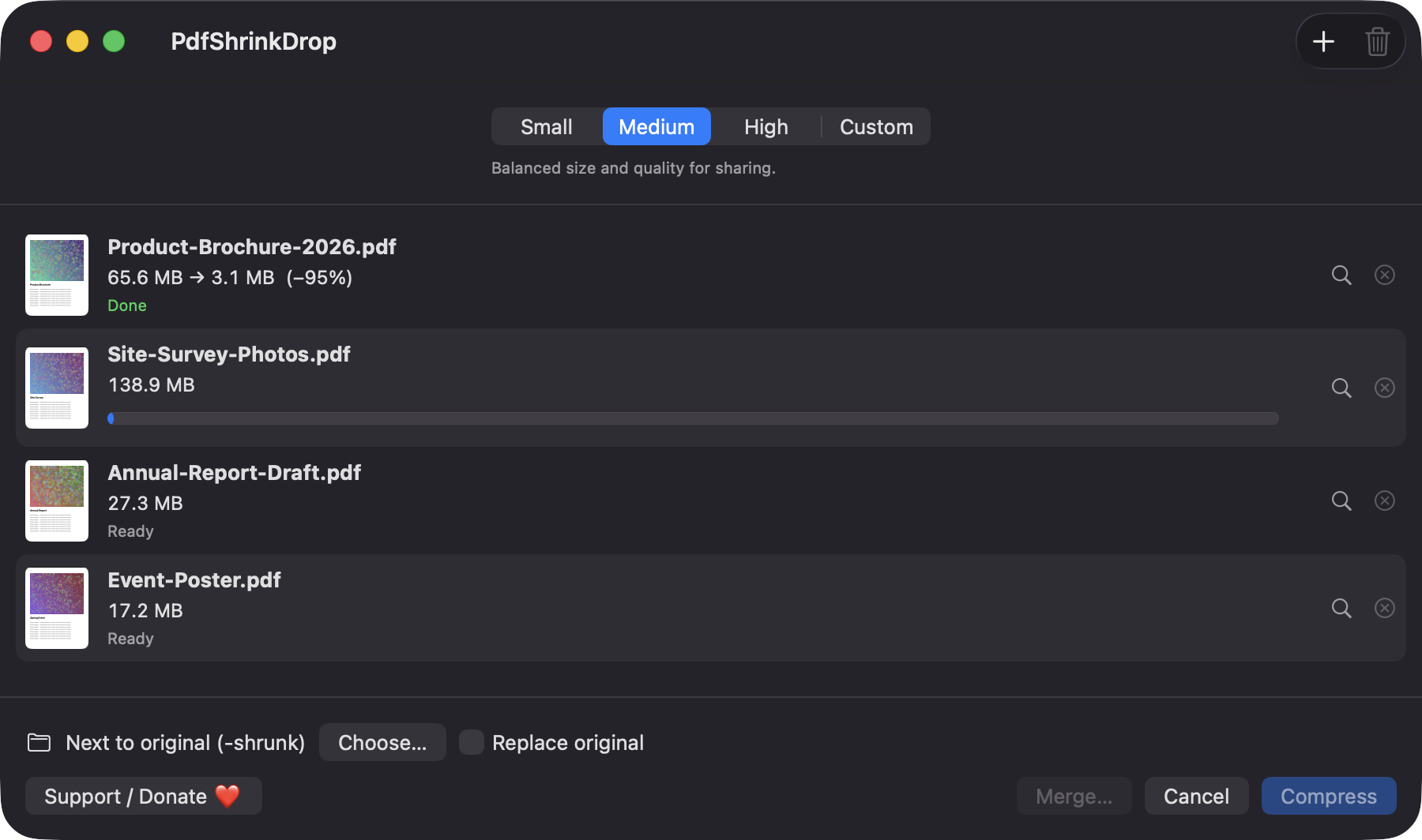 PdfShrinkDrop compressing a batch of PDFs with a per-file progress bar