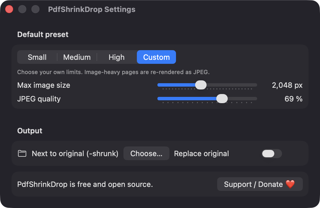 PdfShrinkDrop Settings window with Custom preset sliders and output options