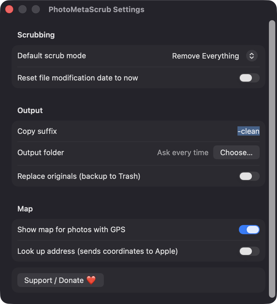 PhotoMetaScrub Settings window