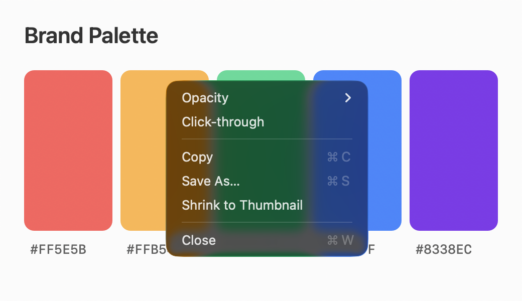 Floating pinned color palette with its context menu open