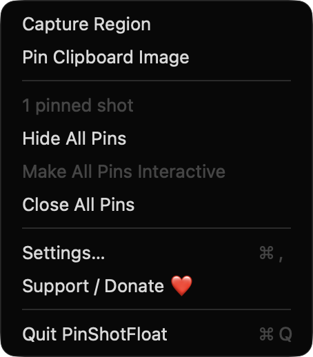 PinShotFloat menu bar menu