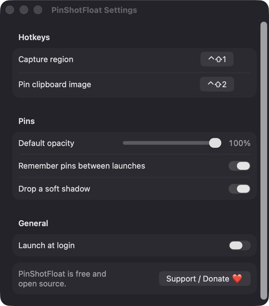 PinShotFloat Settings window