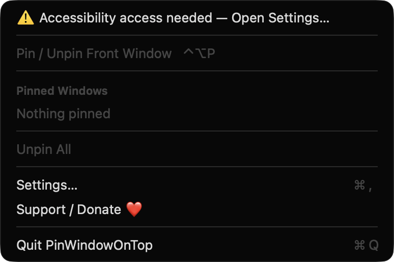 PinWindowOnTop menu bar menu