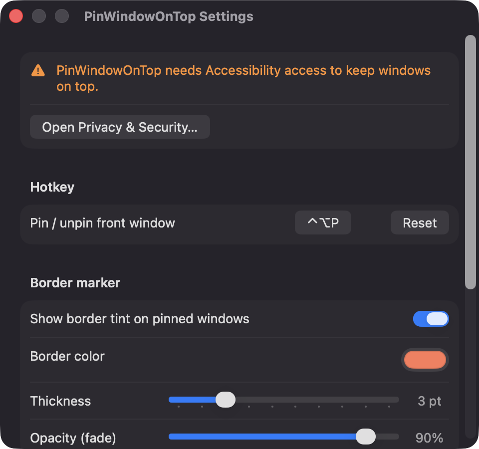 PinWindowOnTop Settings window