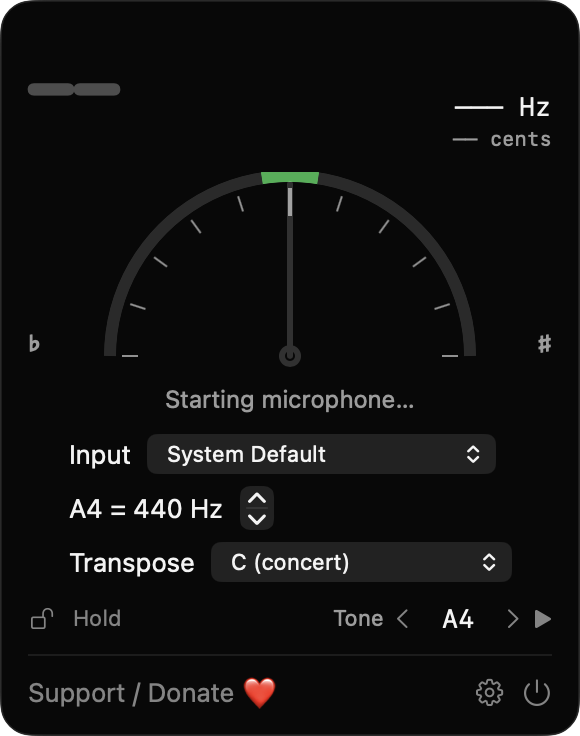 PitchNeedleBar tuner popover with needle gauge