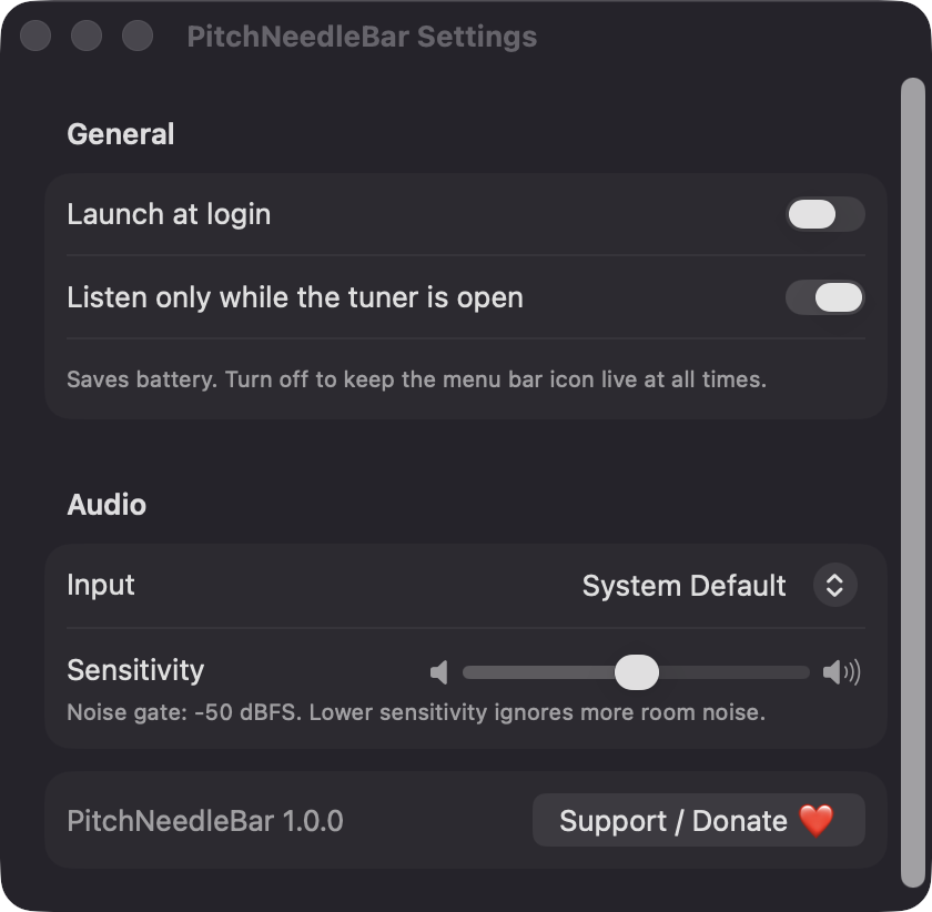 PitchNeedleBar Settings window