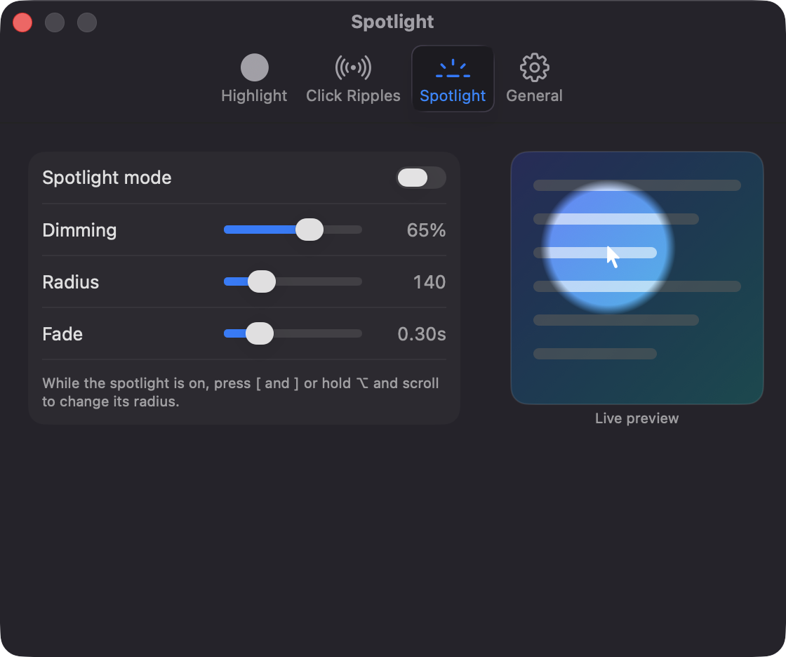 Spotlight settings tab with dimming, radius and fade sliders and a live preview