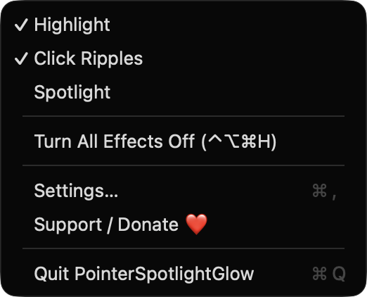 PointerSpotlightGlow menu bar menu
