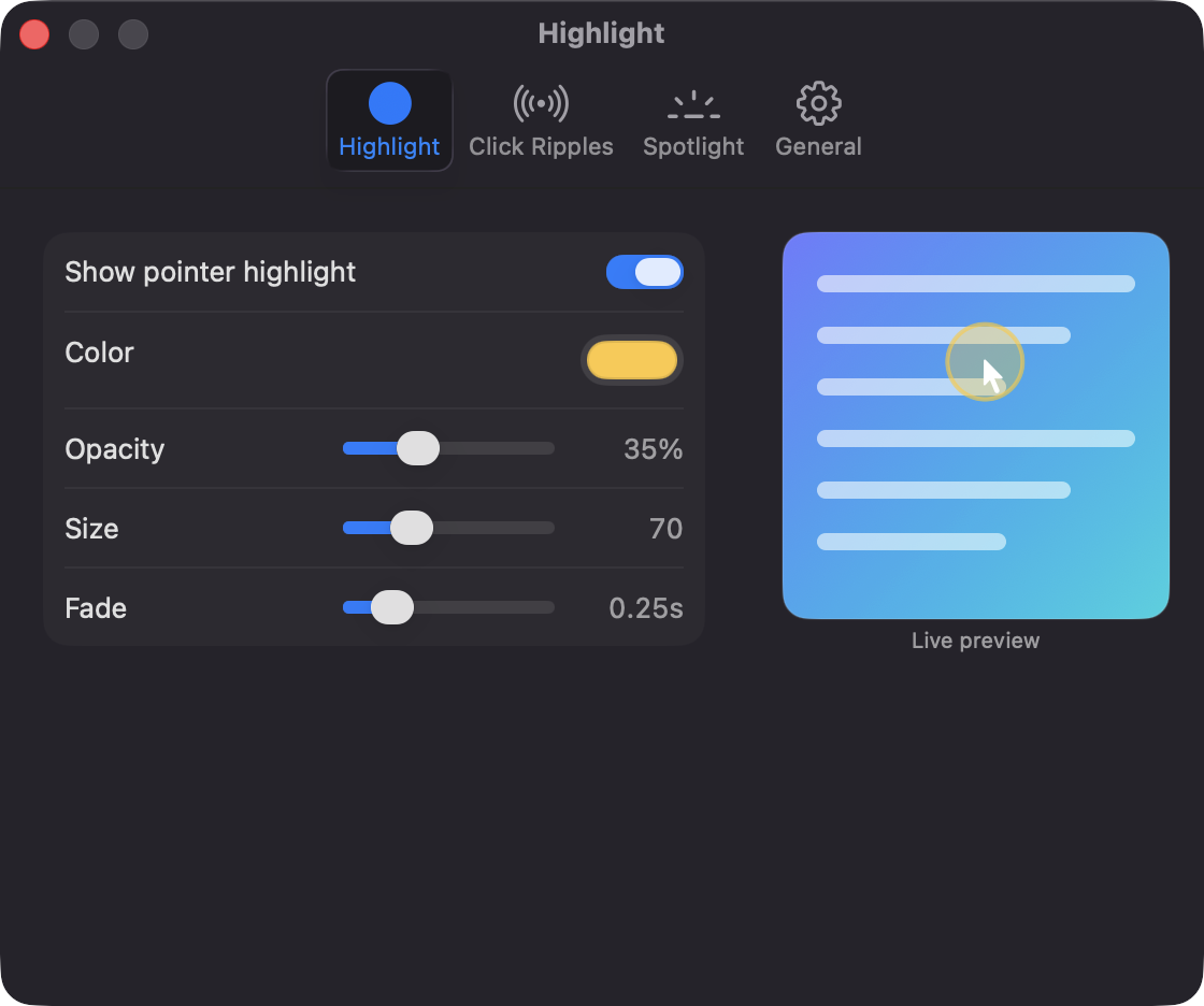 Highlight settings tab with a yellow color well and sliders