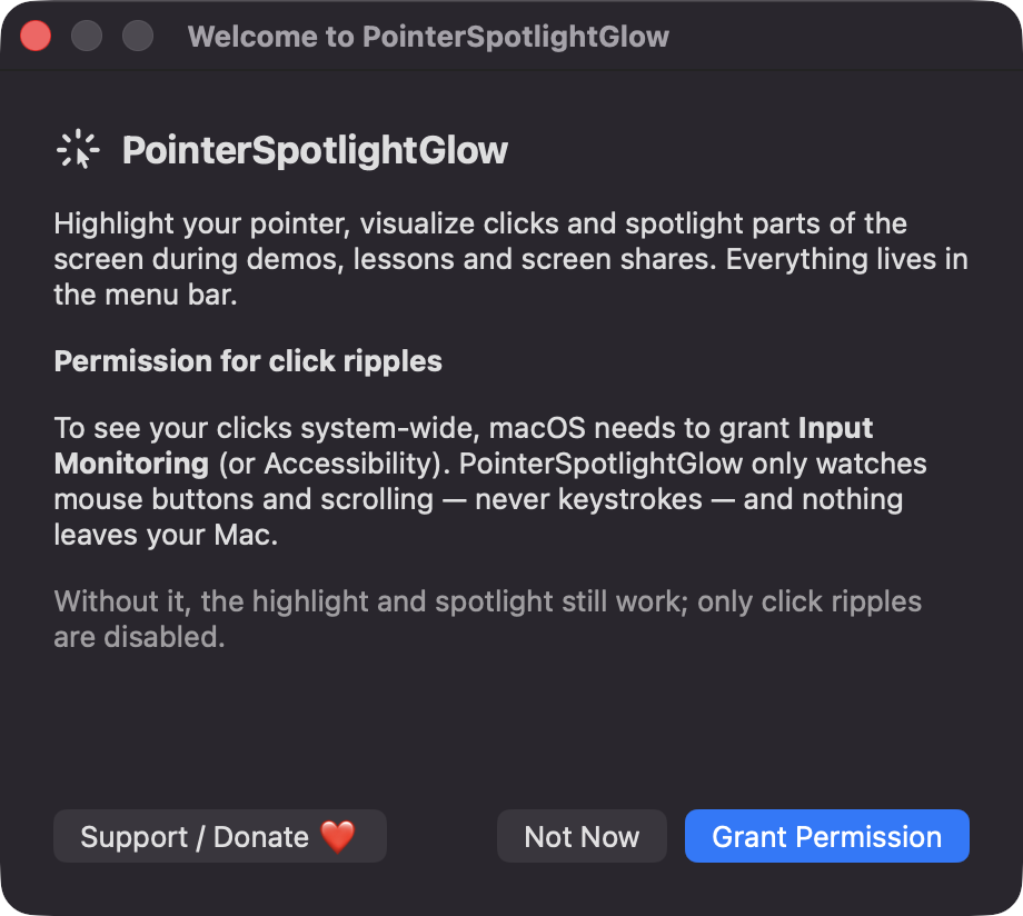Welcome window explaining the Input Monitoring permission
