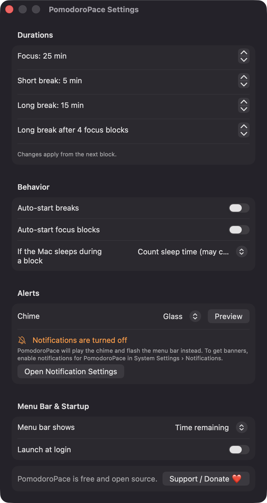 PomodoroPace Settings window with durations, behavior, alerts and menu bar options