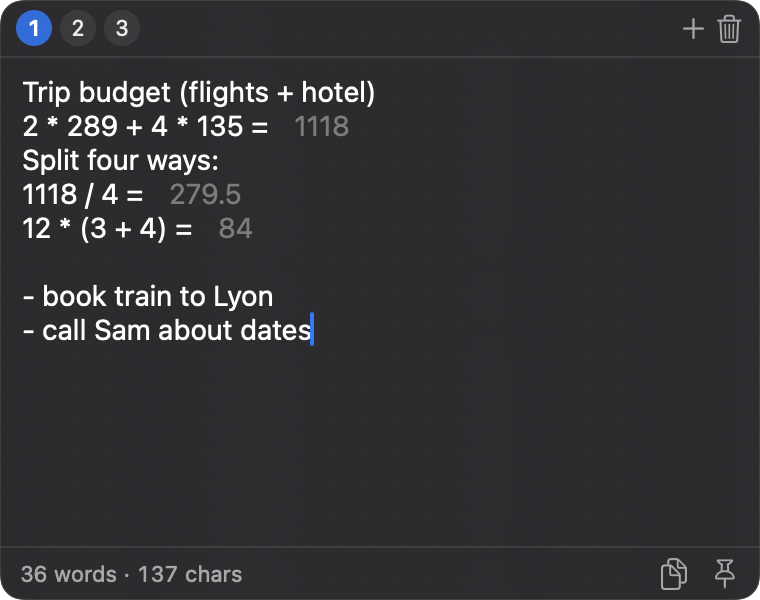 PopScratchNotes floating panel with notes and inline math results