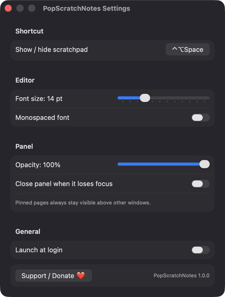 PopScratchNotes Settings window