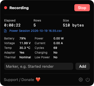 PowerSampleLog popover while recording, with live battery and power stats