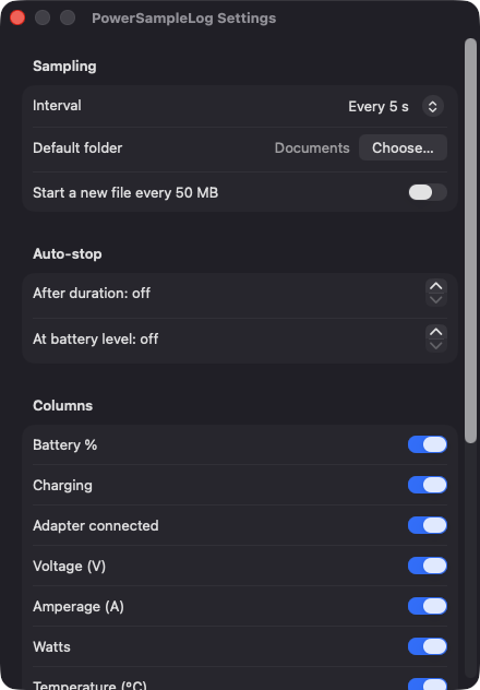 PowerSampleLog Settings window
