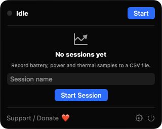 PowerSampleLog popover in the idle state with a Start Session button