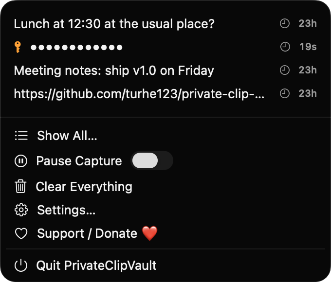 PrivateClipVault menu bar popover with clipboard history and a masked secret