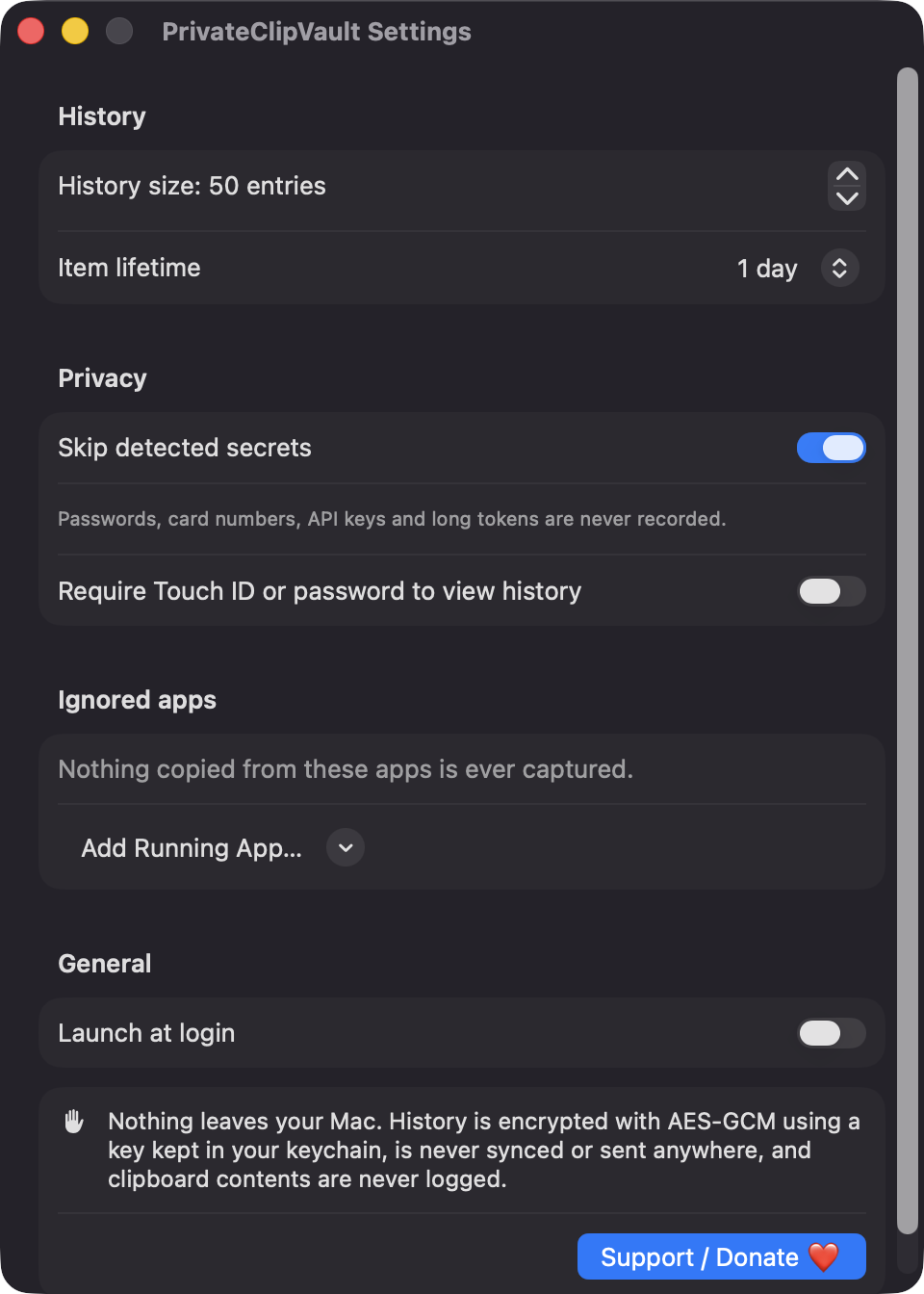 PrivateClipVault Settings window