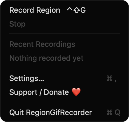 RegionGifRecorder menu bar menu
