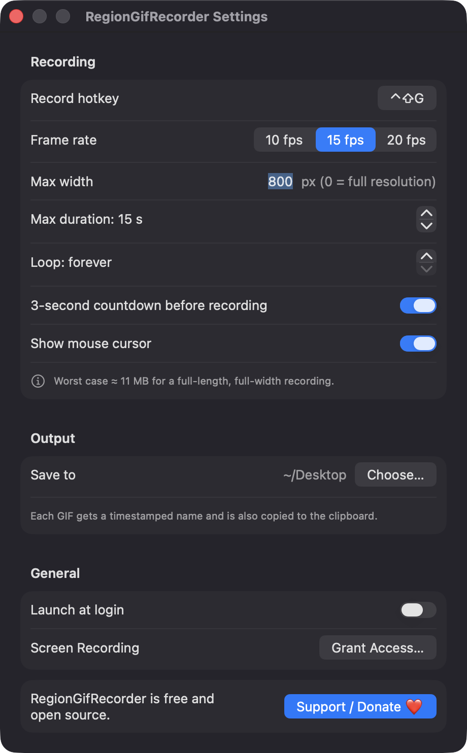 RegionGifRecorder Settings window