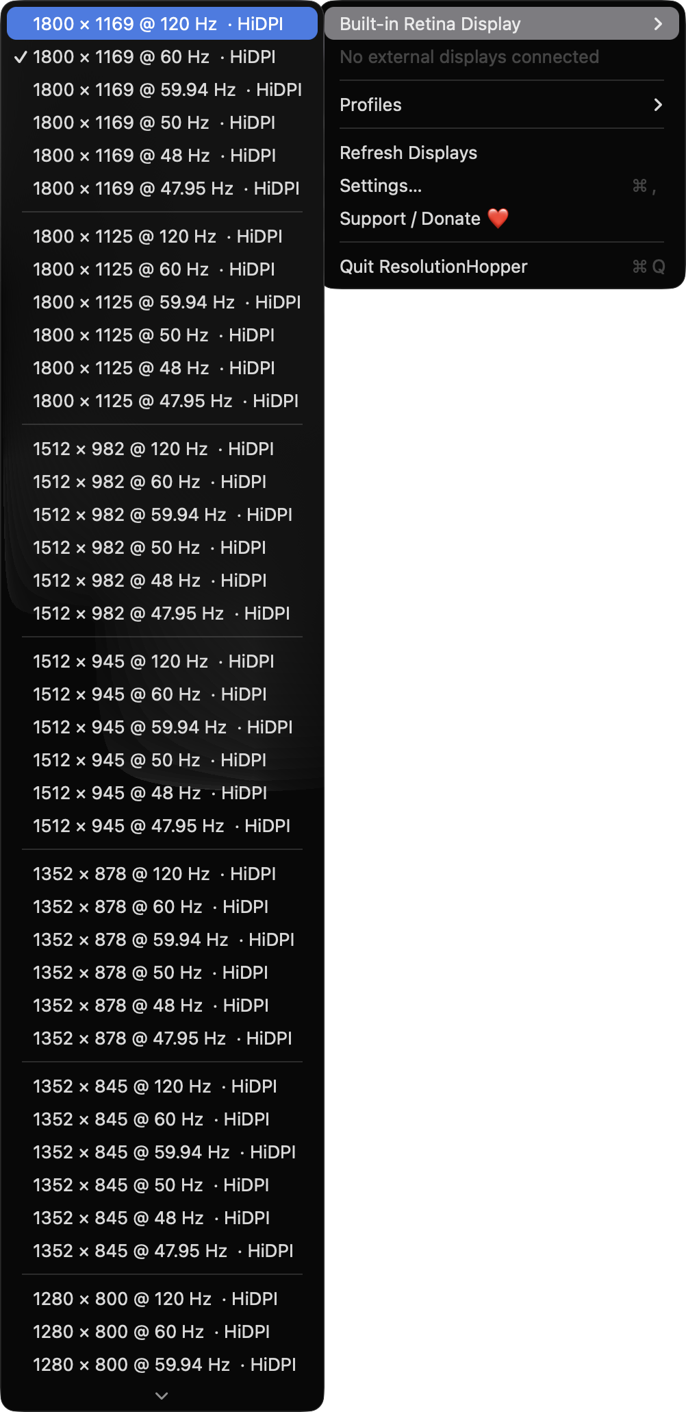 ResolutionHopper menu showing display modes for the built-in display
