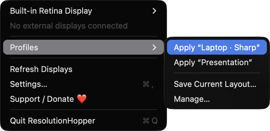 Profiles submenu with two saved profiles