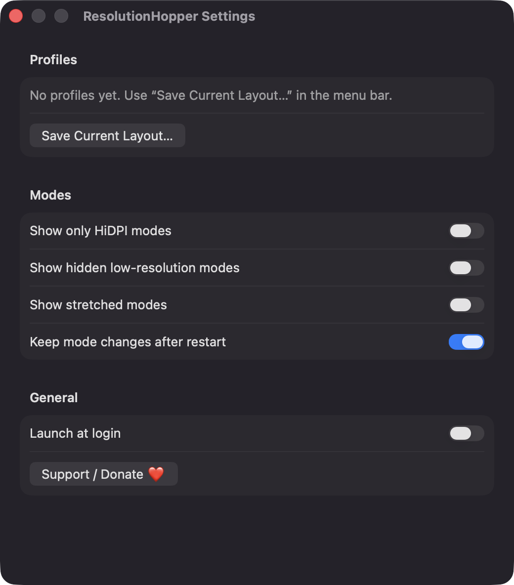 ResolutionHopper Settings window