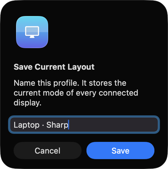 Save Current Layout dialog with a profile name field