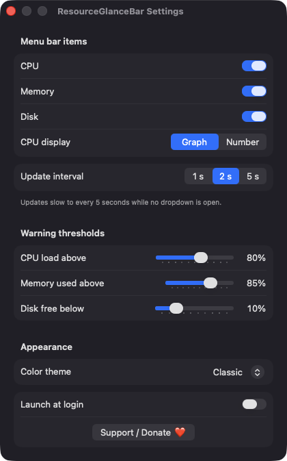 ResourceGlanceBar Settings window