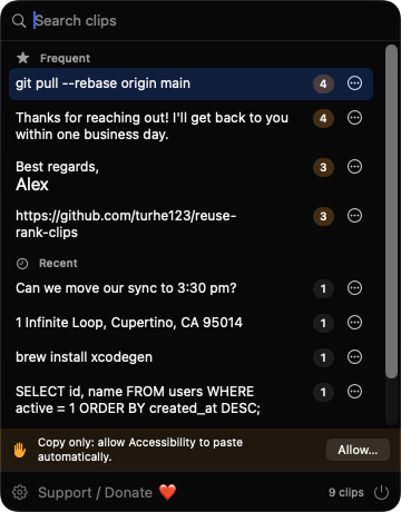 ReuseRankClips popup with Frequent and Recent clip lists