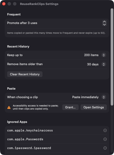 ReuseRankClips Settings window