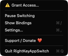 RightKeyAppSwitch menu bar menu