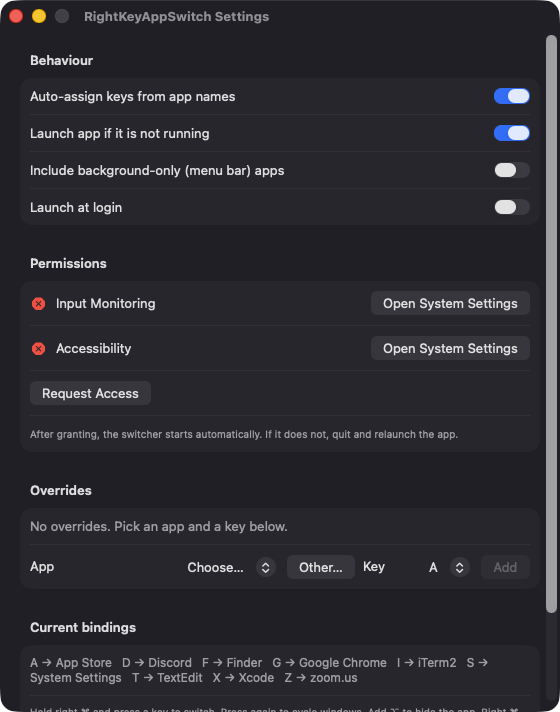 RightKeyAppSwitch Settings window