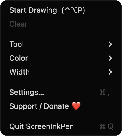 ScreenInkPen menu bar menu